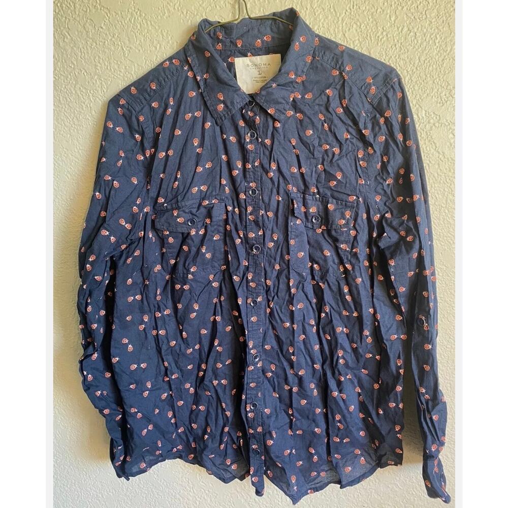 Sonoma Ladybug Shirt Womens Good Large‎ Button Down Navy Blue Novelty Roll Tab
